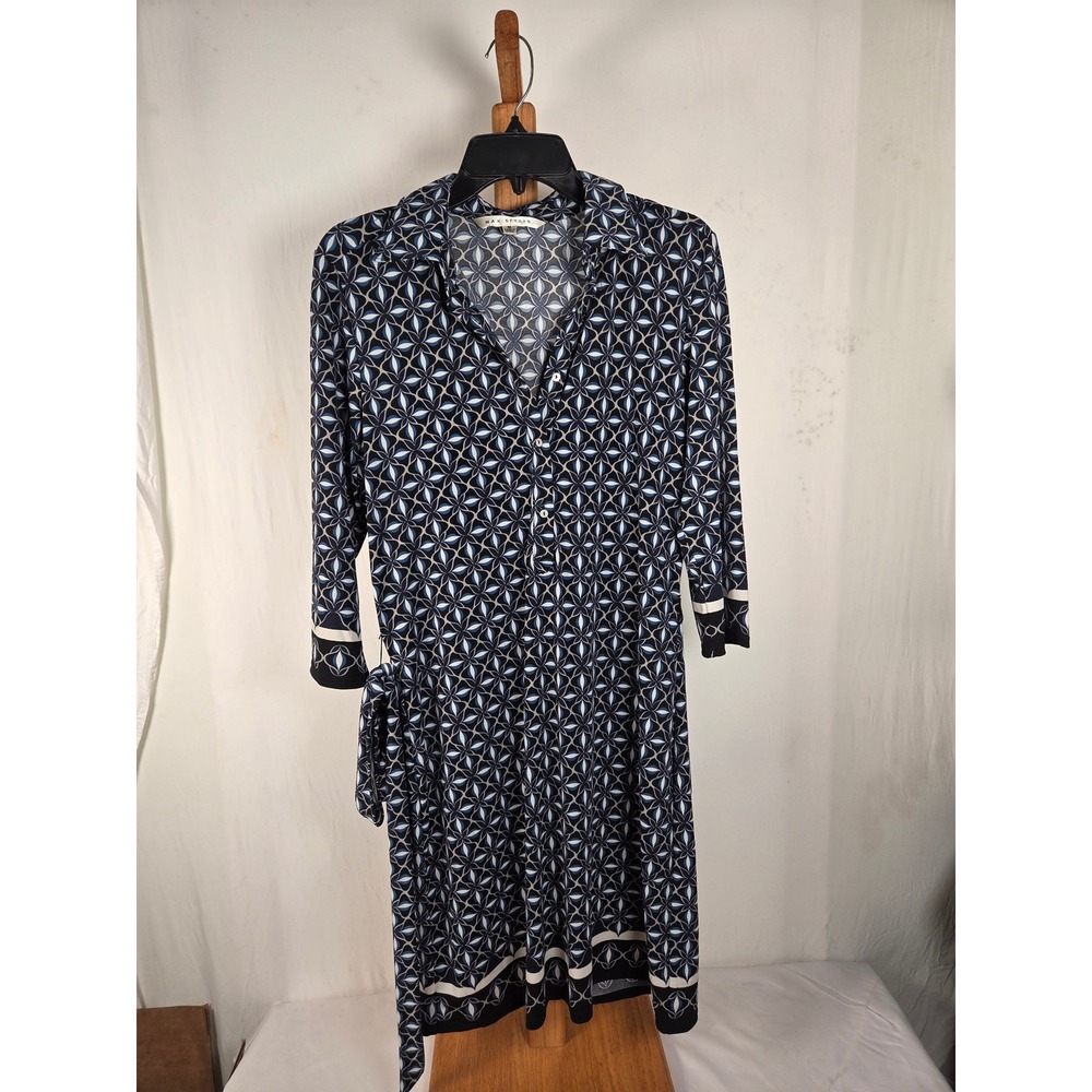 Max Studio Womens Navy Blue Geometric Print Wrap Dress 3/4 Sleeve Size M